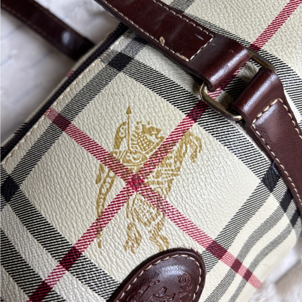 Vintage Burberrys Nova Check Barrel Bag Beige Tan Leather Equestrian Logo - Picture 3 of 14